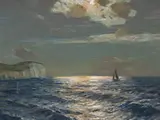 Moonlight off Beachy Head Signed Oil on board 43 x 56cm ++A scratch lower left below rocks, a crack to board lower left corner by Julius Olsson, Oil on board, sold Dec 2016