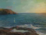 Crescent moon over the coast Signed Oil on board 35 x 45cm ++Good condition by Julius Olsson, Oil on board, sold Dec 2016