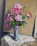 Still life of roses in a vase Signed and dated 73 Oil on canvas 55 x 46cm ++Some small splashes of decorator's paint otherwise good condition by Llewellyn Petley-Jones, Oil on canvas, offered Dec 2016