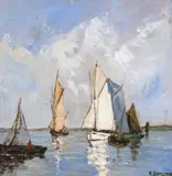Sailing ships off the coast Signed Oil on board 31 x 31cm Provenance: P & D Colnaghi & Co ++Good condition by Henri Alphonse Barnoin, Oil on board, sold Dec 2016