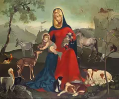 The Madonna and child with birds and animals Signed Oil on canvas 63.5 x 76cm ++Unlined, varnish yellowed in the sky otherwise good condition by Anna Zinkeisen, Oil on canvas, offered Dec 2016