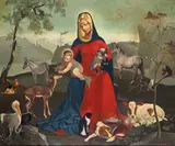 The Madonna and child with birds and animals Signed Oil on canvas 63.5 x 76cm ++Unlined, varnish yellowed in the sky otherwise good condition by Anna Zinkeisen, Oil on canvas, offered Dec 2016