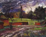 Figure on a track by a farm Signed and dated 1937-8 verso Oil on board 50.5 x 60.5cm ++Good condition by George Chapman, 1937, Oil on board, sold Dec 2016