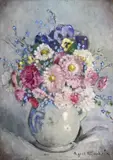 Still life of daisies and pansies Signed Oil by Agnes Goodsir, Oil on panel, sold Dec 2016