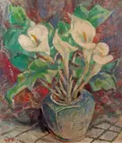 Jar with Arums Signed with initials Oil by Patricia Ramsay Arws Neac, 1952, Oil on board, sold Dec 2016