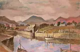 A harbour in a landscape Signed Oil by Ethelbert White, Oil on board, sold Dec 2016