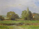 Bury Church, Sussex Signed Oil on canvas 46 x 61cm ++Unlined, good condition by William Miller Frazer, Oil on canvas, offered Dec 2016