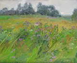 Summer meadow Signed, also inscribed in cyrillic and dated 1987 verso Oil on canvas 59 x 70cm ++Unlined, good condition by Leonid Petrovich Tikhomirov, 1987, Oil on canvas, offered Dec 2016