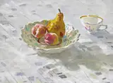 Still life of fruit and a tea cup Signed and by Nicolai Nikolaievich Gorlov, Oil on canvas, offered Dec 2016