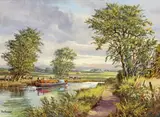 A canal boat Signed Oil on canvas 30 x 40.5cm ++Good condition by Don Vaughan, Oil on canvas, offered Dec 2016