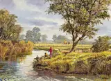 Fishermen in a river landscape Signed Oil on canvas 30 x 40.5cm ++Good condition by Don Vaughan, Oil on canvas, offered Dec 2016