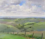 View down Cranborne Chase towards Tollard Royal and beyond Signed Oil on board 38 x 45.5cm by Amy Katherine Browning, Oil on board, sold Dec 2016