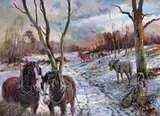 Work horses in the New Forest in winter Signed Oil on canvas 77 x 101cm ++Unlined, good condition by Rosemary Sarah Welch, Oil on canvas, sold Dec 2016