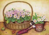 Still life of Primula in a basket with a trowel Signed Gouache 42 x 58cm Provenance: Stephanie Hoppen, London, No by Jose Escofet, Gouache, offered Dec 2016