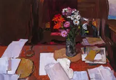 Still life of flowers and papers on a desk Signed Oil on canvas 71 x 102cm ++Unlined, some visible craquelure right side by William Bowyer, Oil on canvas, offered Dec 2016