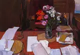 Still life of flowers and papers on a desk Signed Oil on canvas 71 x 102cm ++Unlined, some visible craquelure right side by William Bowyer, Oil on canvas, offered Dec 2016