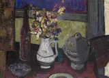 Still life of flowers with pots and a bottle on a table Oil on board 62 x 81cm ++Good condition by David Donaldson, Oil on board, offered Dec 2016