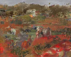 Cattle in a landscape Oil on board 20.5 x 25.5cm ++A little paint separation in places otherwise good condition by Richard Eurich, Oil on board, sold Dec 2016