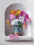 Still life of Cosmos, Geraniums, Alstromeria and Nasturtiums in a jug within a niche Signed Oil on canvas 41 x 33cm ++Unlined, good condition by Robert Chailloux, Oil on canvas, sold Dec 2016