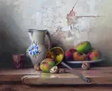 Still life of apples and walnuts with a jug on a ledge Signed Oil on canvas 46 x 55.5cm ++Unlined, a scratch by the jug and cup otherwise good condition by Robert Chailloux, Oil on canvas, sold Dec 2016