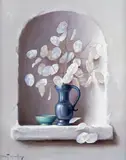 Still life of Honesty in a pewter jug within a niche Signed Oil on canvas 46 x 38cm ++Unlined, a push or two upper left, otherwise good condition by Robert Chailloux, Oil on canvas, sold Dec 2016