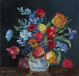 Still life of tulips in a vase Signed Oil on board 26.5 x 27.5cm by Helen Bradley, Oil on board, offered Dec 2016