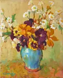 Still life of spring flowers in a blue vase Signed Oil on canvas 30.5 x 25.5cm ++Good condition by Clifford Cundy, Oil on canvas, sold Dec 2016