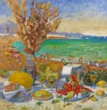 Picnic on the shore Signed Oil on canvas 71 x 71cm; 28 x 28in ++Good condition by Dennis Gilbert, Oil on canvas, sold Dec 2016