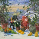 Still life with a distant castle Signed Oil on canvas 71 x 71cm ++Good condition by Dennis Gilbert, Oil on canvas, sold Dec 2016