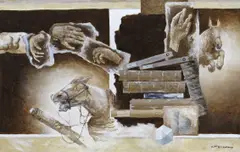 Horses, books and hands Signed Acrylic on board 32 x 50cm Provenance: The estate of the Artist ++Good condition by Leslie Gooday, Acrylic on board, offered Dec 2016