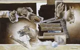 Horses, books and hands Signed Acrylic on board 32 x 50cm Provenance: The estate of the Artist ++Good condition by Leslie Gooday, Acrylic on board, offered Dec 2016