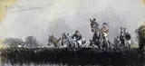 Jumping the fence Signed and dedicated to Roy Tilling by Gilbert Joseph Holiday, Watercolour with bodycolour heightened with white, sold Dec 2016