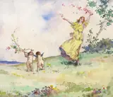 Cherubs and a lady scattering blossom Signed Watercolour by Alex Brantingham Simpson, Watercolour, offered Dec 2016