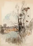 Winter river scene Watercolour over by Rodrigo Moynihan, Watercolour over pencil, sold Dec 2016