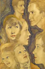 Transcriptions - 7 faces Signed by Austin Osman Spare, Watercolour over pencil, sold Dec 2016