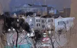 Evening town view Signed Watercolour on grey paper 24.5 x 38cm ++Good condition by Hilda Chancellor Pope, Watercolour on grey paper, sold Dec 2016