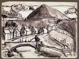 Ystradgynlais, South Powys, Wales, a view of Teddy Bear Bridge on the River TawePen by Josef Herman, ink and watercolour, sold Dec 2016