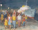 Disembarkation Signed with initials Watercolour over pencil 29.5 x 37cm ++Good condition by Fermin Rocker, Watercolour over pencil, sold Dec 2016