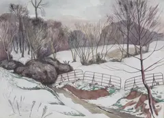 Sheep hurdles in winter Signed Watercolour over pencil 40.25 x 55.5cm ++Good condition by John Northcote Nash, Watercolour over pencil, sold Dec 2016