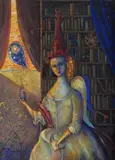 Wonderful witch and owl Signed Gouache 63.5 x 47cm ++Some areas of thin and rubbed paper or possibly punctures in the curtains by Mark Bannerman, Gouache, sold Dec 2016