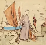 The Quayside; At the Window Two, both signed, one dated 1901 Both pen by Edna Clarke Hall, 1901, ink and watercolour, sold Dec 2016