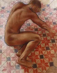 Male nude crouching Signed by Tomas Watson, 2004, Charcoal and sanguine chalk, sold Dec 2016