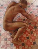 Male nude crouching Signed by Tomas Watson, 2004, Charcoal and sanguine chalk, sold Dec 2016