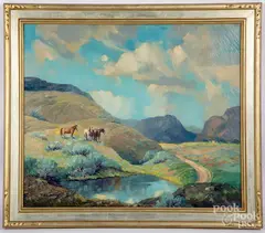 Western landscape titled Roamers of the Ranch by Adolph Heinze, oil on canvas, sold Apr 2020