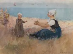 Breton Mother And Child By The Shore by Benjamin Edwin Minns, 1919, watercolour, offered Apr 2010