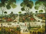 Christmas Day In A Mining Town by Pro Hart, 1974, oil on canvas, sold Apr 2010