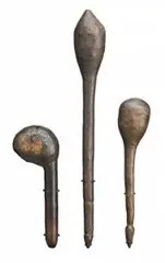 Three Bulbous Headed Clubs by Artefacts And Carvings, early 20th Century carved from hardwood, all of similar form, with old glossy patina, sold Jul 2010