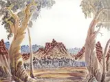 Central Australian Landscape (Man On Mountain) by Otto Pareroultja, LATE 1960S, watercolour on paper, sold Mar 2010