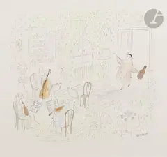 Le Premier violon en retard by Jean-Jacques Sempé, Aquarelle, sold Nov 2023