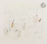 Le Premier violon en retard by Jean-Jacques Sempé, Aquarelle, sold Nov 2023